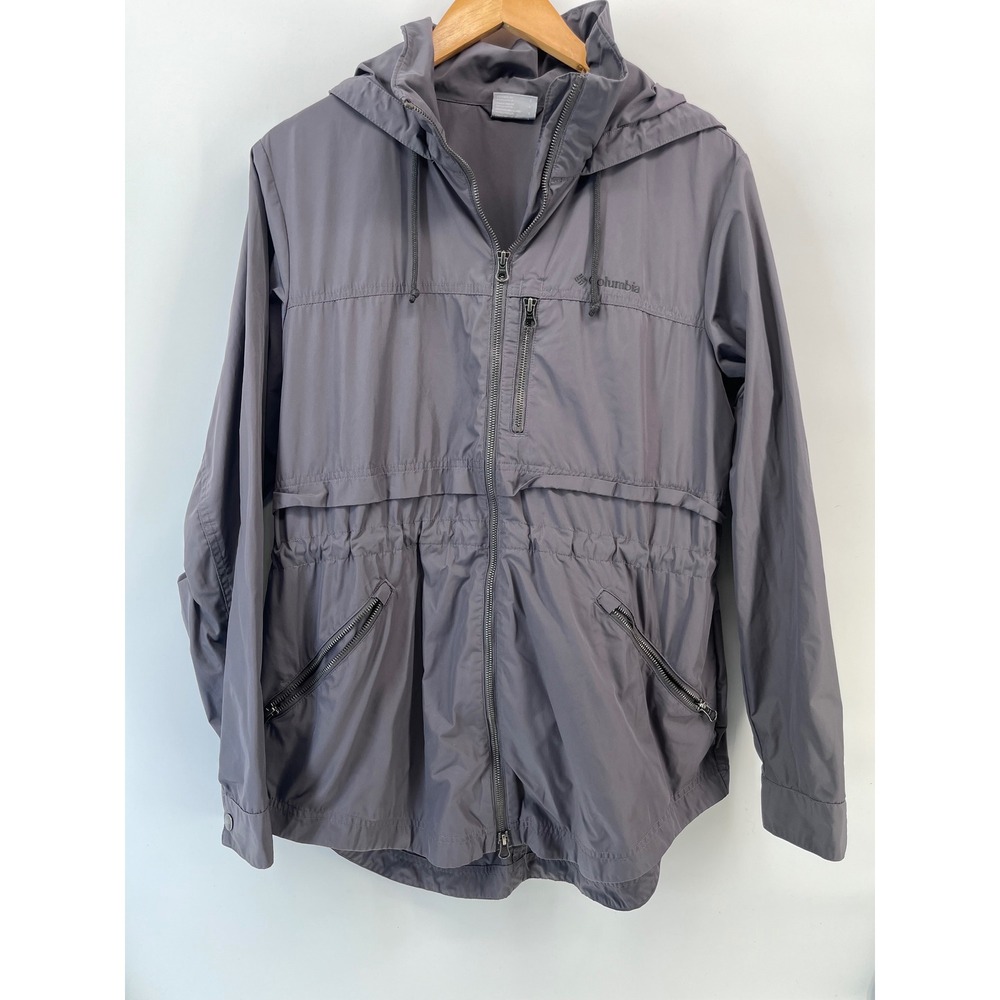 Columbia Womens Grey Hooded Full Zip Cinched Waist Windbreaker Jacket Large